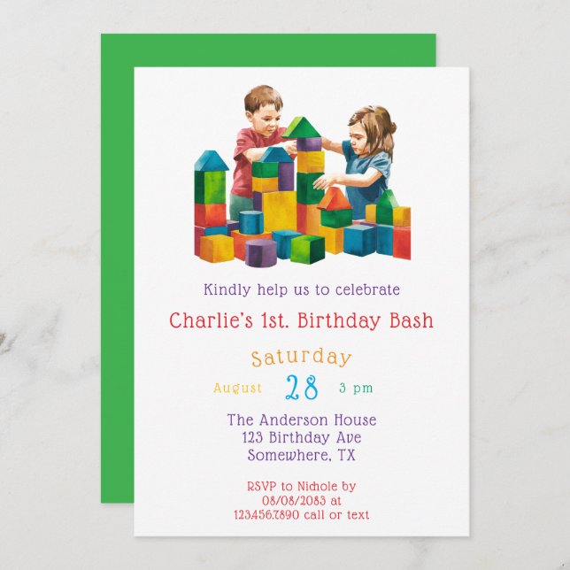 Invitación Bloques de construcción en el Bash de Cumpleaños (Anverso / Reverso)