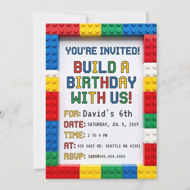 Invitación Bloques de Construcción Ladrillos Bloques Cumpleañ (Anverso)