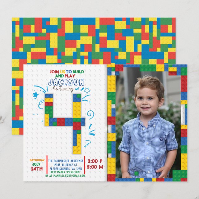 Invitación Bloques de construcción Ladrillos de cumpleaños 4  (Anverso / Reverso)