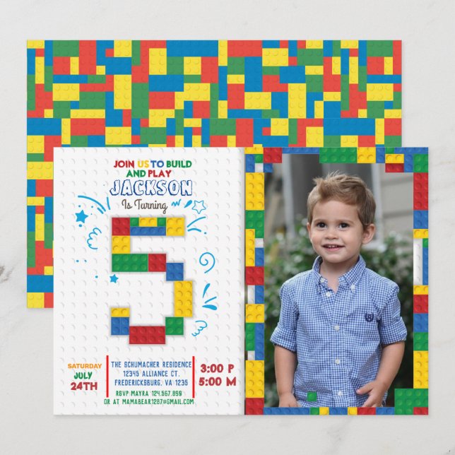 Invitación Bloques de construcción Ladrillos de cumpleaños 5  (Anverso / Reverso)