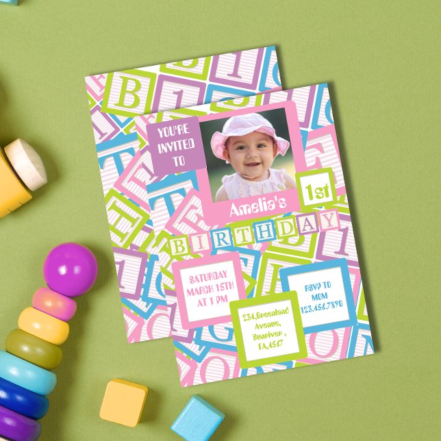 Invitación Bloques de Foto Patrón Primera Fiesta de Cumpleaño (Subido por el creador)