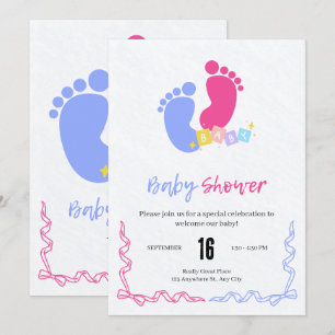 Invitación Bloques de huellas de bebé pastel rosa y azul