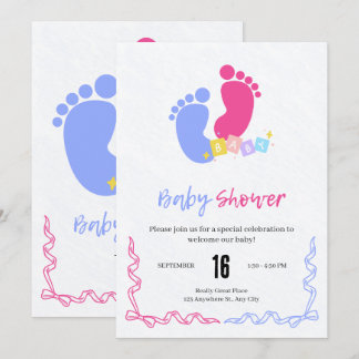 Invitación Bloques de huellas de bebé pastel rosa y azul 