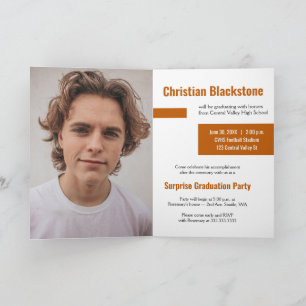 Invitación Bloques de Naranja Quemado de Tres Fotos de Gradua