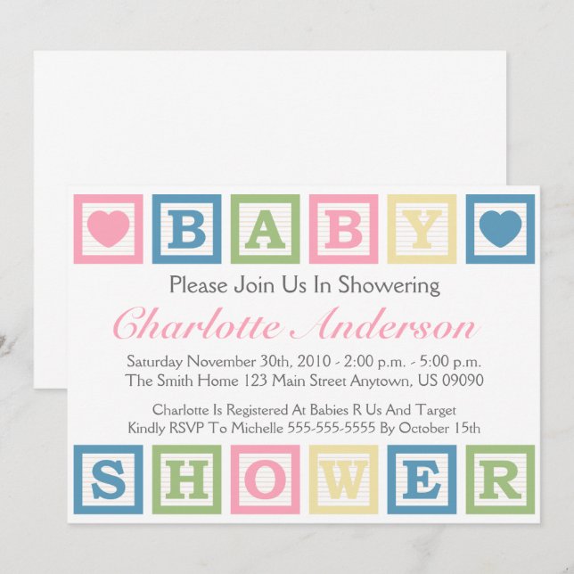 Invitación Bloques huecos Baby Shower Invitiations (rosa) (Anverso / Reverso)
