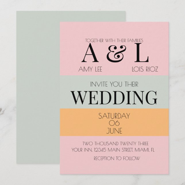 Invitación Bloques Modernos Rosa Menta Brillante y Audaz Boda (Anverso / Reverso)