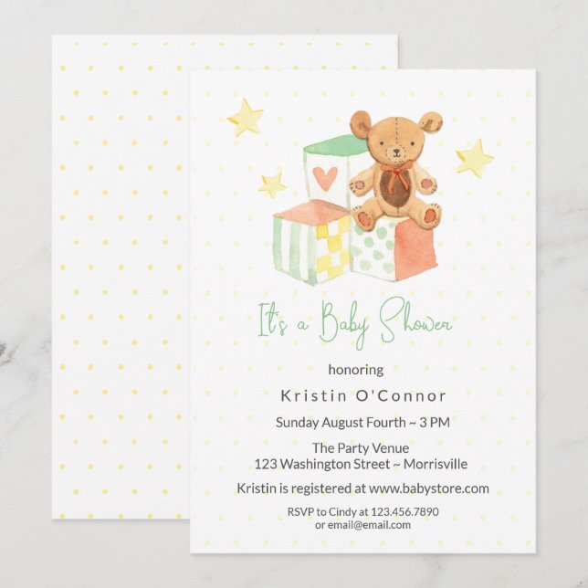 Invitación Bloques Pastel, Género del oso Baby Shower Neutral (Anverso / Reverso)