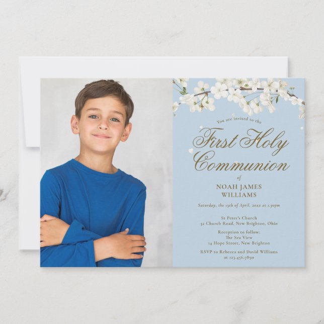 Invitación Blossom Blanco Primera Santa Comunión Fotografía a (Anverso)