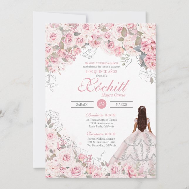 Invitación Blossom elegante Quinceanera Rosa de plata rosa Ru (Anverso)