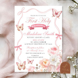 Invitación Blossom rosa Mariposa floral primera comunión sant