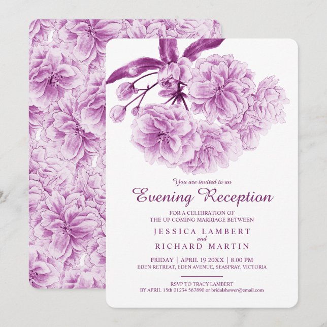 Invitación Blossom Spring púrpura noche recepción (Anverso / Reverso)