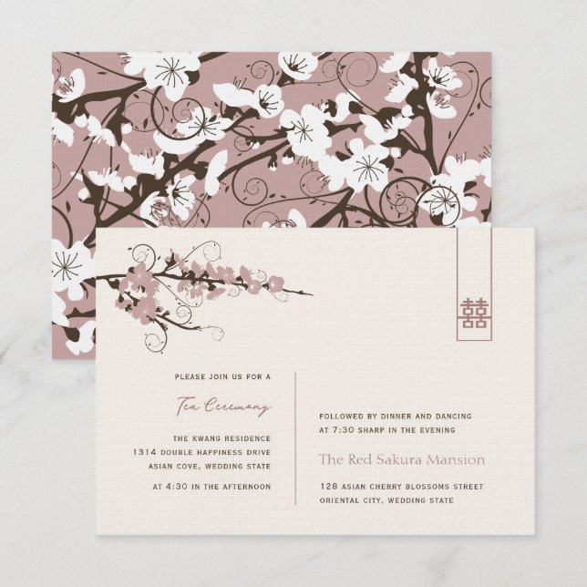 Invitación Blossoms de cerezo rosa recepción de bodas asiátic (Anverso / Reverso)