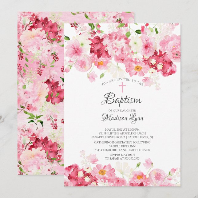 Invitación Blossoms Primavera Bautismo Floral Rosa (Anverso / Reverso)