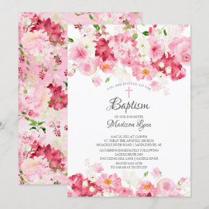 Invitación Blossoms Primavera Bautismo Floral Rosa