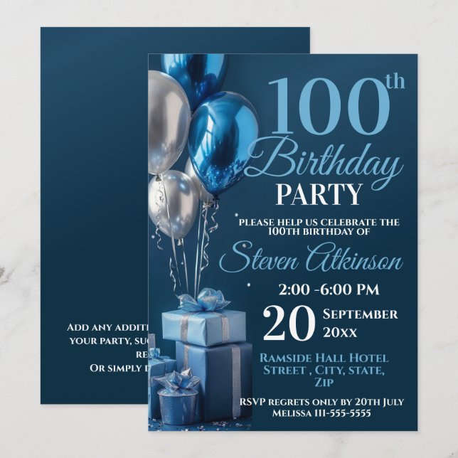 Invitación Blue 100 Birthday Balloon Gifts (Anverso / Reverso)