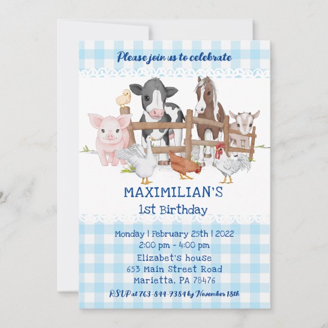Invitación Blue 1Birthday Farm Animals Barnyard Fun Kids (Anverso)