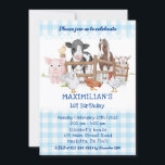 Invitación Blue 1Birthday Farm Animals Barnyard Fun Kids<br><div class="desc">Animales De Granja De Campo. Haga clic en el botón "Personalizar" para obtener más información sobre esta plantilla. Podrá modificar todo el texto,  incluidos el estilo,  los colores y los tamaños,  y cambiar la imagen.</div>
