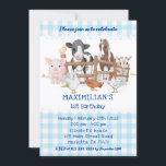 Invitación Blue 1Birthday Farm Animals Barnyard Fun Kids<br><div class="desc">Animales De Granja De Campo. Haga clic en el botón "Personalizar" para obtener más información sobre esta plantilla. Podrá modificar todo el texto,  incluidos el estilo,  los colores y los tamaños,  y cambiar la imagen.</div>