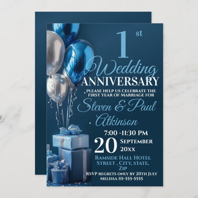 Invitación Blue 1er Aniversario Boda Regalos en globo (Anverso / Reverso)