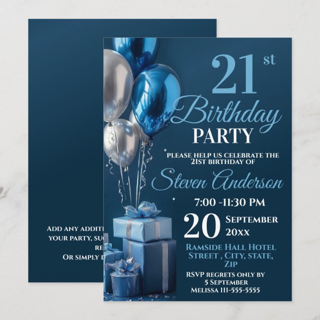 Invitación Blue 21st Birthday Balloon Gifts (Anverso / Reverso)