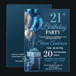 Invitación Blue 21st Birthday Balloon Gifts<br><div class="desc">Un elegante globo azul y una invitación al diseño de regalos para una celebración de 21 años de fiesta. Incluye globos azules y plateados con texto en blanco y azul.Todo el texto puede ser modificado según sea necesario para satisfacer los requerimientos de su fiesta. una gran invitación para cualquier edad...</div>