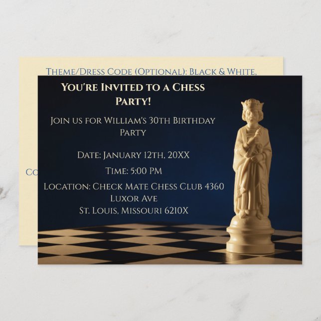 Invitación Blue 30 Birthday Fiesta Chess King (Anverso / Reverso)