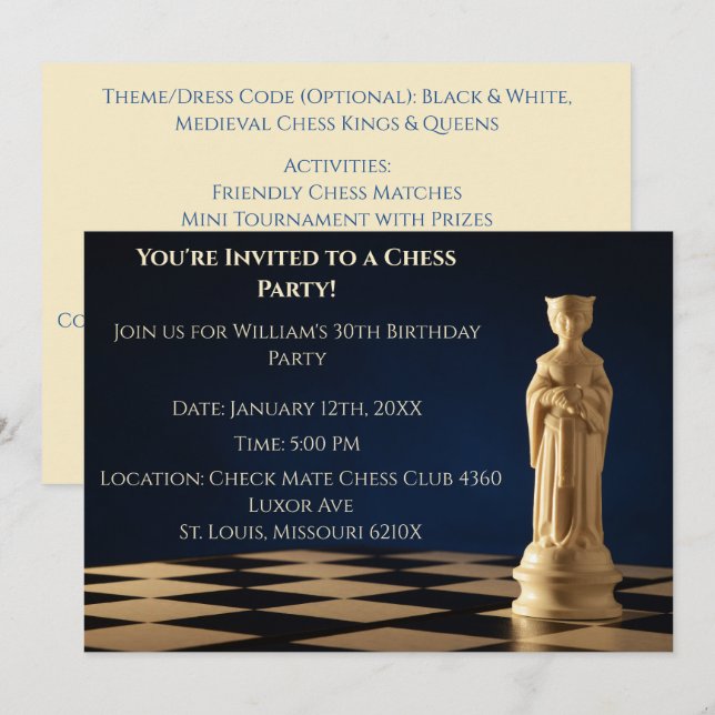 Invitación Blue 30 Birthday Fiesta Chess Queen (Anverso / Reverso)