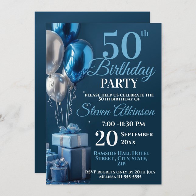 Invitación Blue 50 Birthday Balloon Gifts (Anverso / Reverso)