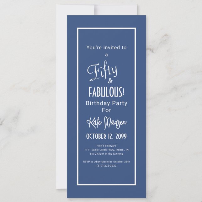 Invitación Blue 50 y FABULOUS Surprise Birthday Party (Anverso)