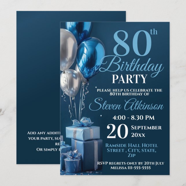 Invitación Blue 80 Birthday Balloon Gifts (Anverso / Reverso)