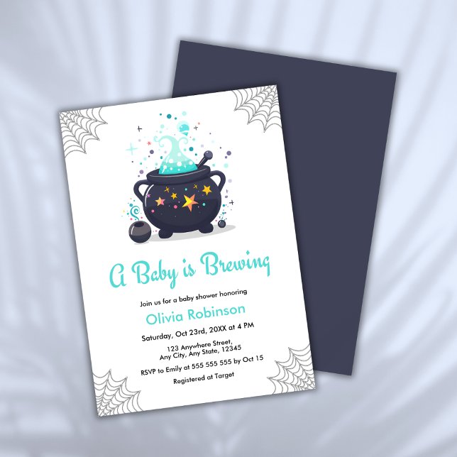 Invitación Blue A Baby prepara Baby Shower de Halloween (Blue A Baby is Brewing Cauldron Halloween Boy Baby Shower Invitation   )