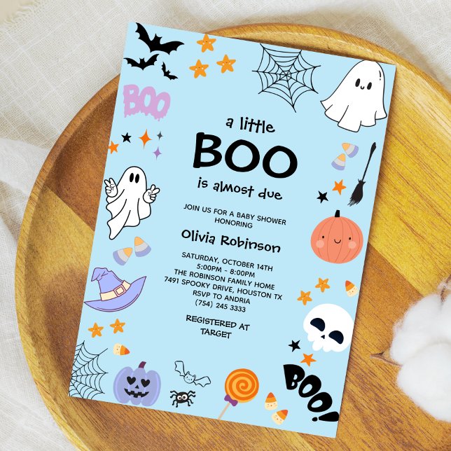 Invitación Blue A Little Boo Cum Ghost Halloween Baby Shower (Blue A Little Boo is Almost Due Cute Ghost Halloween Baby Shower Invitation )