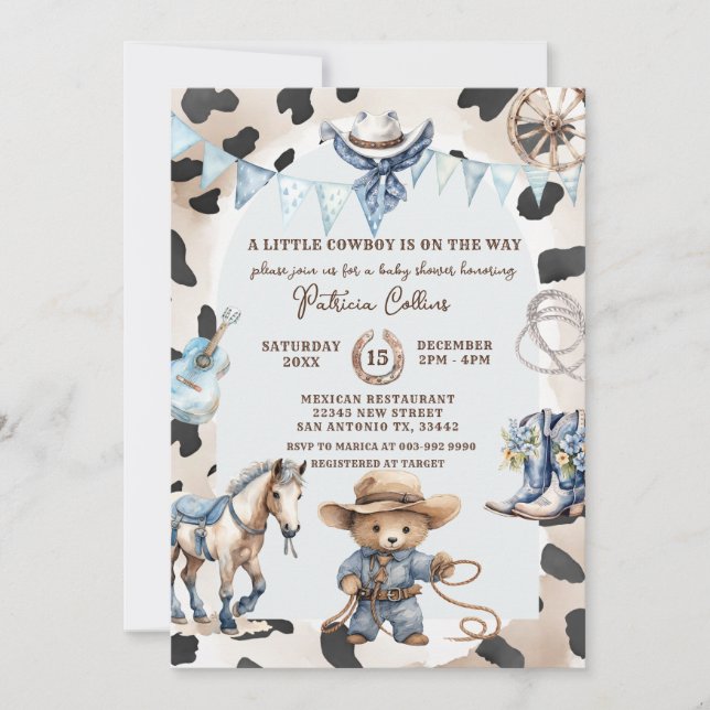 Invitación Blue A Little Cowboy Country Western Baby Shower (Anverso)