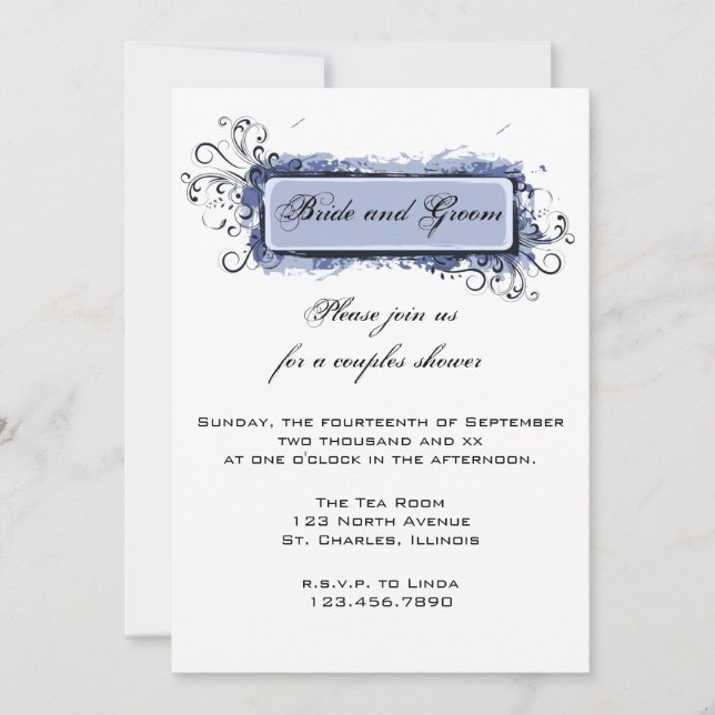 Invitación Blue Abstract Parejas Florales Wedding Ducha (Anverso)
