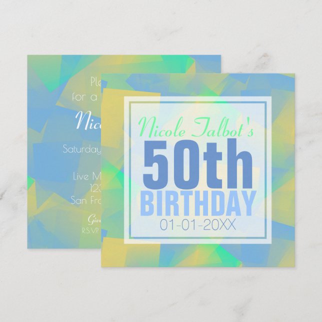 Invitación Blue Abstract pastel 50 cumpleaños cuadrado Inv (Anverso / Reverso)