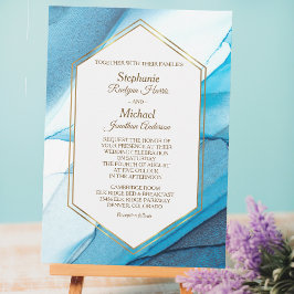 Invitación Blue Abstract Watercolor Doble Boda de marco dorad