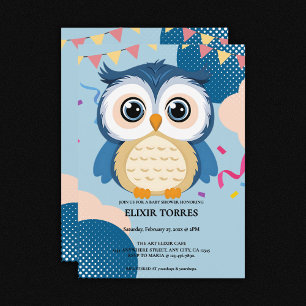 Invitación Blue Adorable Woodland Baby Owl Baby Shower