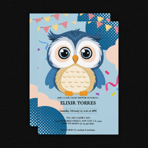 Invitación Blue Adorable Woodland Baby Owl Baby Shower