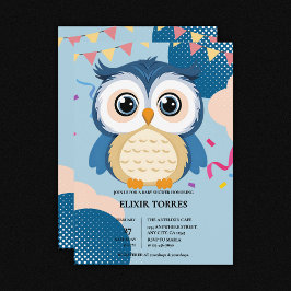 Invitación Blue Adorable Woodland Baby Owl Baby Shower