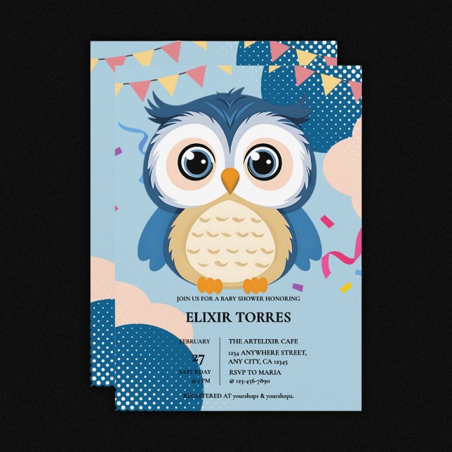 Invitación Blue Adorable Woodland Baby Owl Baby Shower (Subido por el creador)