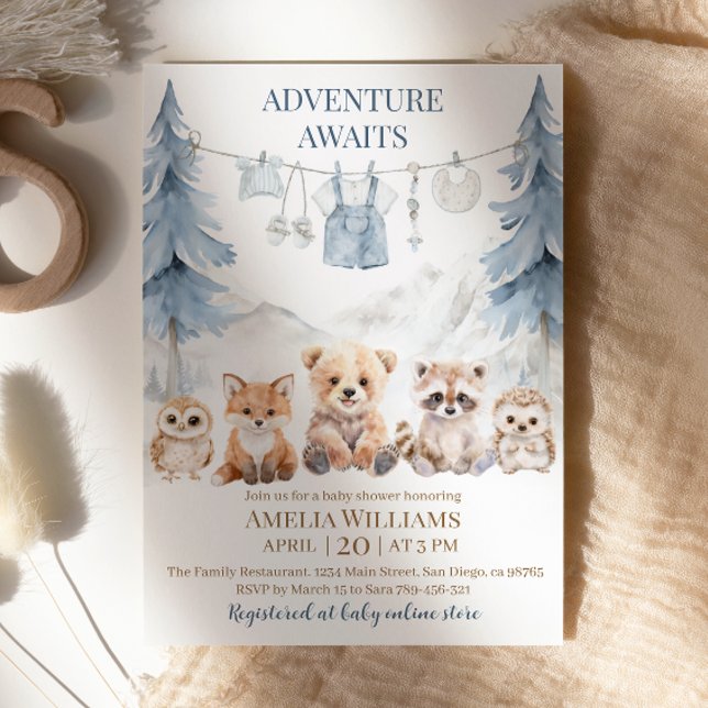 Invitación Blue Adventure Awaits Woodland Baby Shower (Subido por el creador)