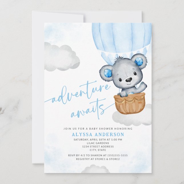 Invitación Blue Adventure Awath Bear Balloon Boy Baby Shower (Anverso)
