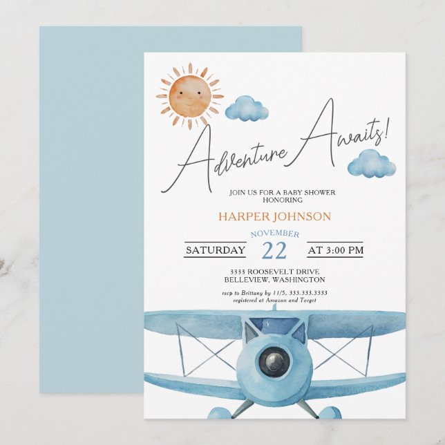 Invitación Blue Adventure espera a Baby Shower (Anverso / Reverso)