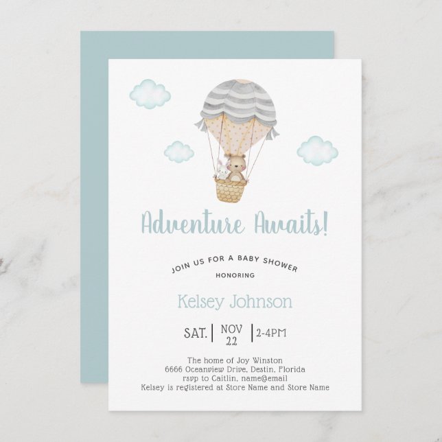 Invitación Blue Adventure Woodland Teddy Bear Baby Shower (Anverso / Reverso)