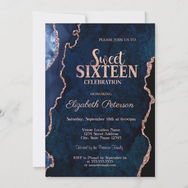 Invitación Blue Agate Marble Rosa Oro Dulce 16 (Anverso)