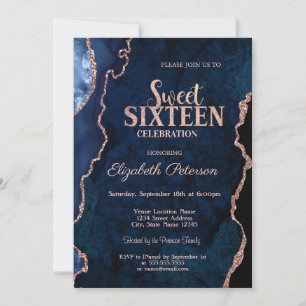 Invitación Blue Agate Marble Rosa Oro Dulce 16