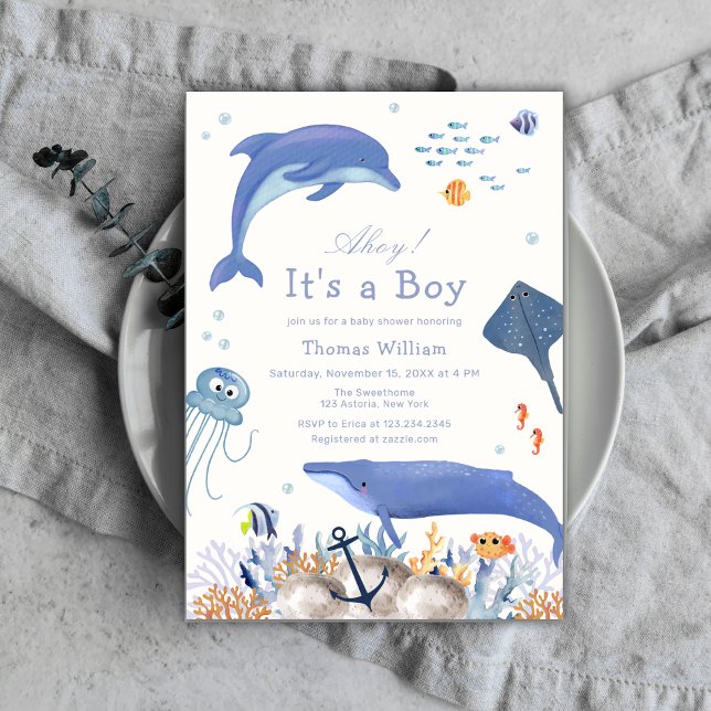 Invitación Blue Ahoy Ocean Dolphin Whale Boy Baby Shower (Blue Ahoy Ocean Dolphin Whale Boy Baby Shower Invitation)
