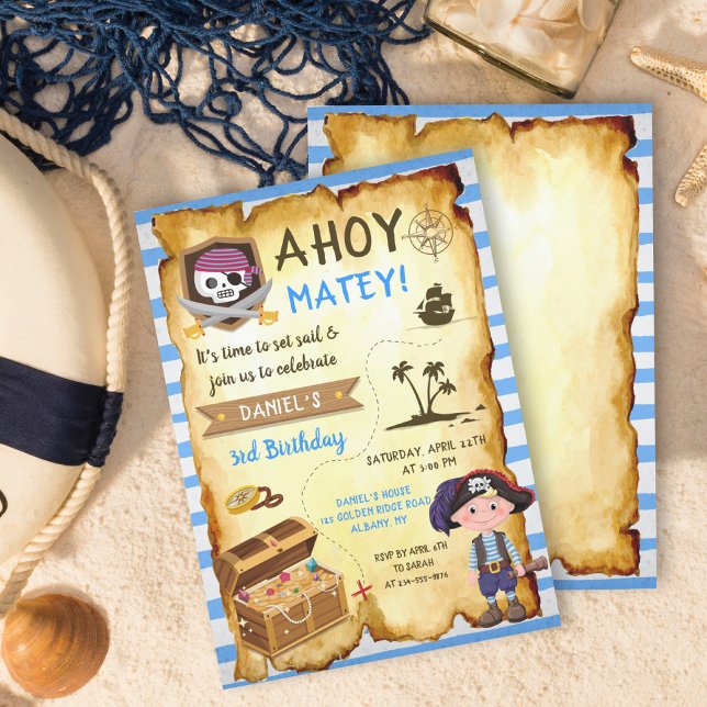 Invitación Blue Ahoy Treasure Map Boys Pirate Birthday (Subido por el creador)