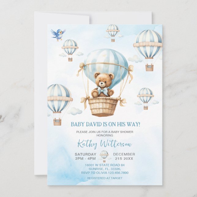 Invitación Blue Air Balloon Boy Baby Shower (Anverso)