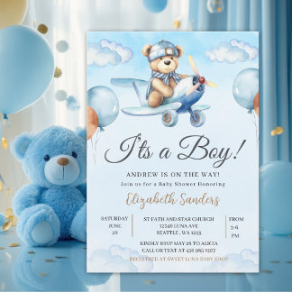 Invitación Blue Airplane Teddy Bear Baby Shower Invitation